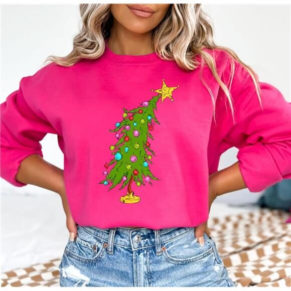Women’s Christmas Sweatshirt - Cute Tree Graphic Long Sleeve Shirt - Picture 4 of 7